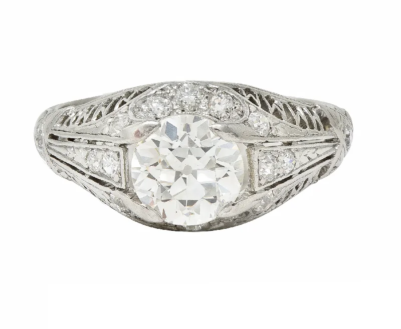 Art Deco 1.38 CTW Old European Diamond Platinum Crescent Cluster Vintage Engagement Ring