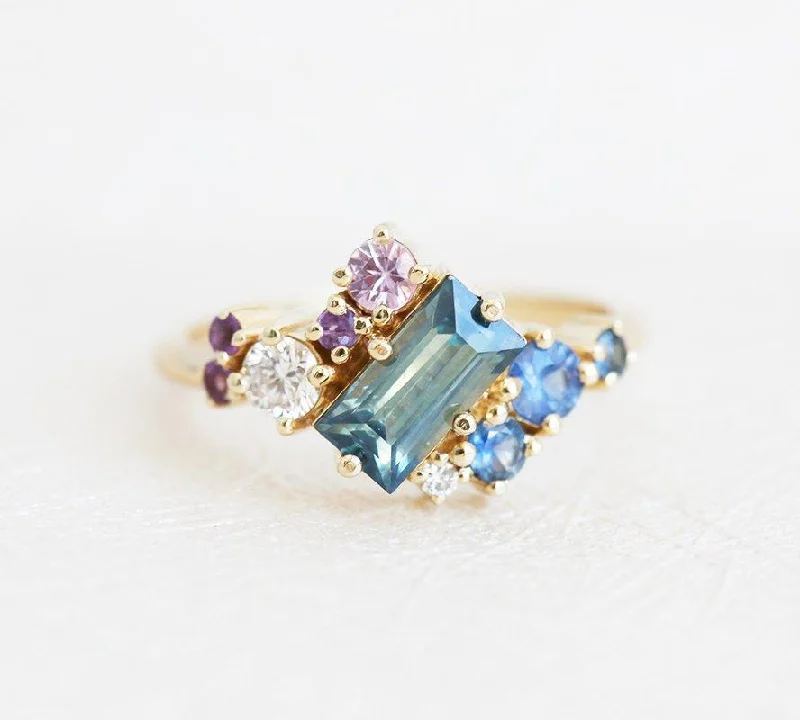 Lila Teal Blue Sapphire Amethyst Diamond Cluster Ring