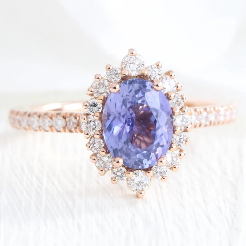 2.23 Ct Oval Purple Sapphire Ring in 14k Rose Gold Tiara Halo Pave Diamond, Size 6.25