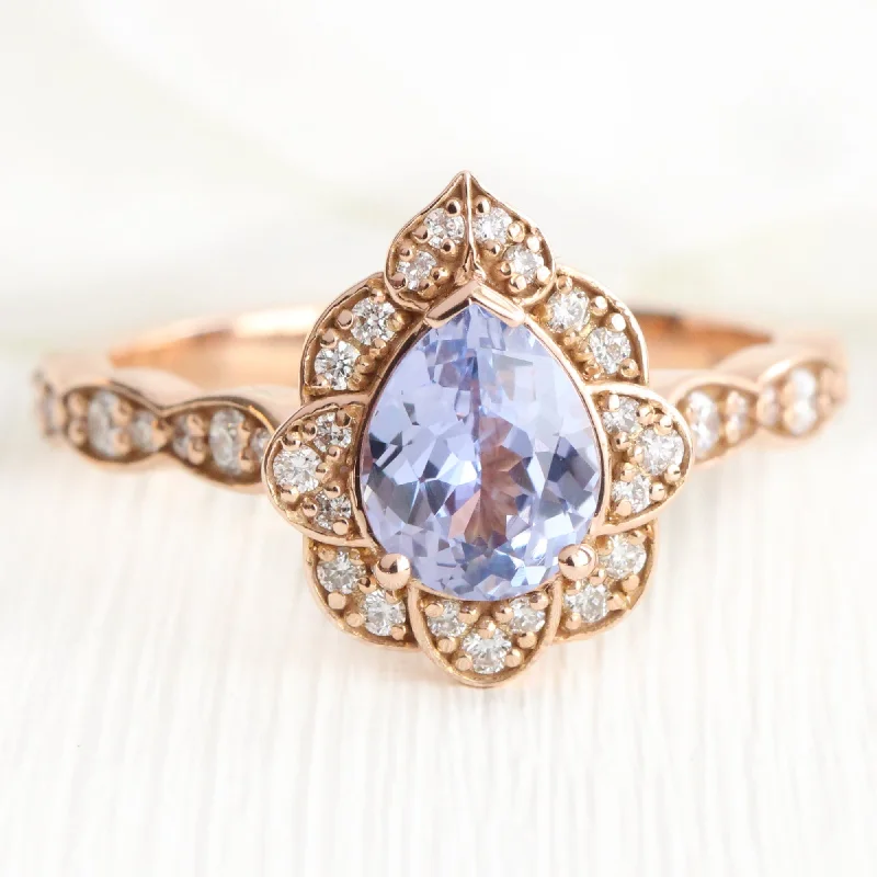 1.32 Ct Pear Lavender Sapphire Ring in 14k Rose Gold Vintage Floral Diamond, Size 6.25