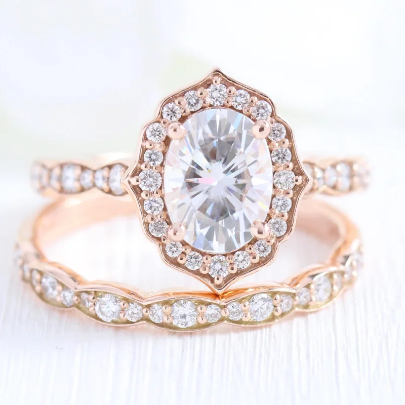 Vintage Floral Oval Ring Bridal Set w/ Moissanite and Matching Diamond Band