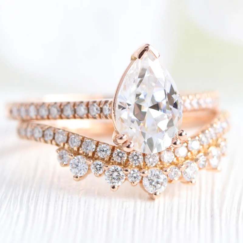 Grace Solitaire Pear Pave Ring Bridal Set w/ Moissanite and Crown Diamond Wedding Band