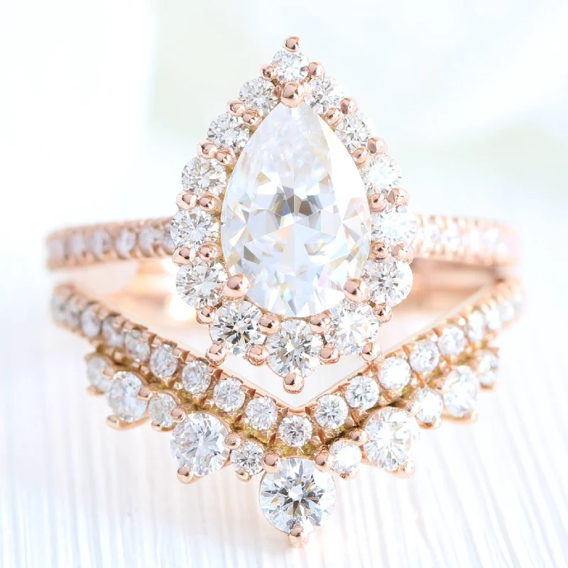 Large Tiara Halo Pave Ring Set w/ Pear Moissanite and Large Tiara Diamond V Band