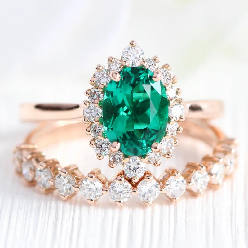 Tiara Halo Oval Ring Bridal Set w/ Emerald and 4 Prong Diamond Band