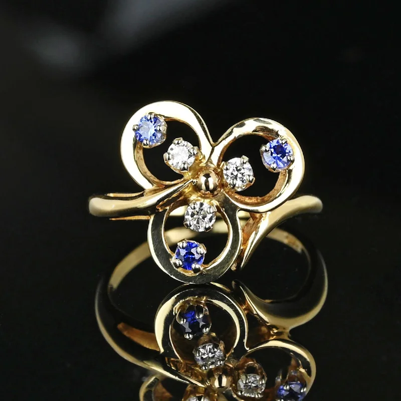 Vintage 14K Gold Diamond Sapphire Three Leaf Clover Ring