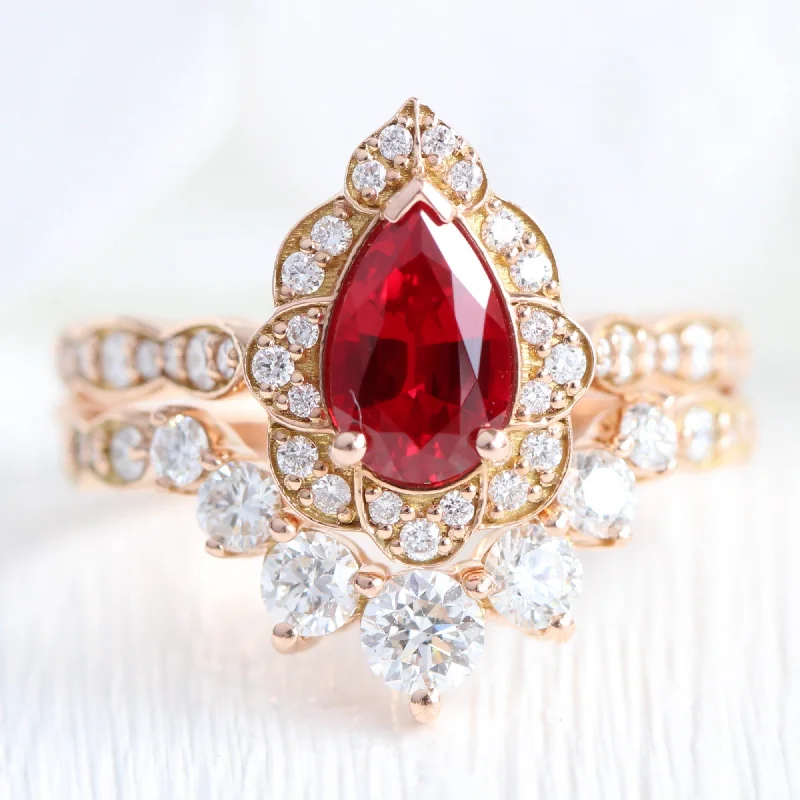 Vintage Floral Pear Ruby Ring Set w/ Large 7 Diamond U Shaped Scalloped Band