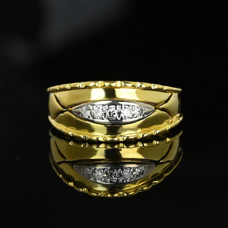 Wide 18K Gold Scallop Edge Diamond Five Stone Ring Band