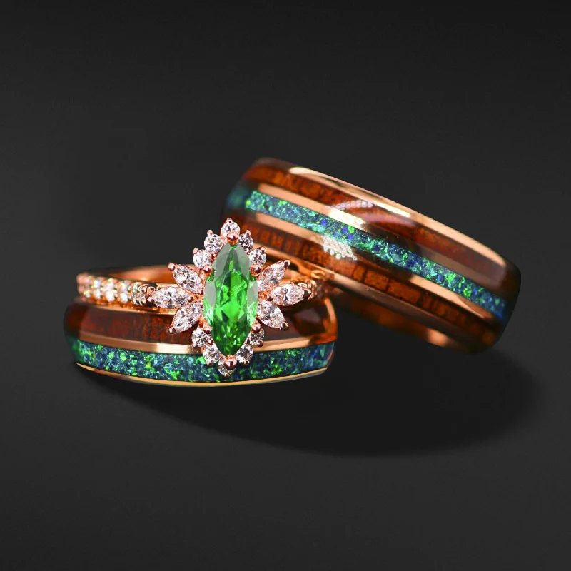 Emerald Forest - 1/2 CTW Natural Diamond, Opal & Wood | 14K Gold & Tungsten Engagement Wedding Ring Set | Made to Order