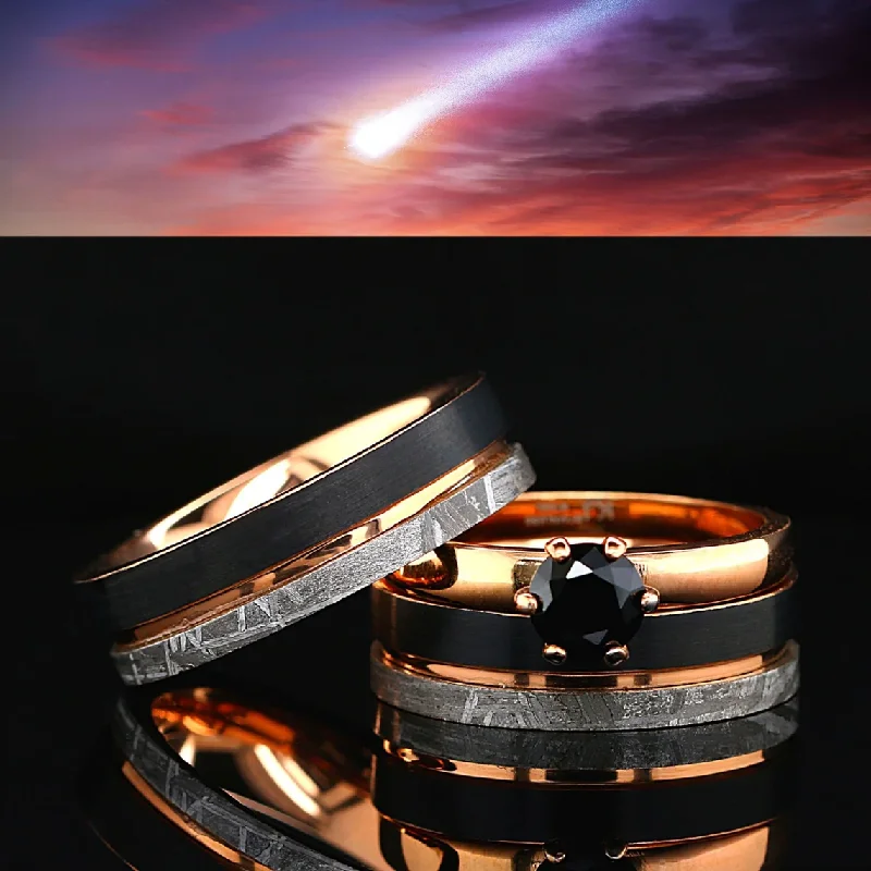 3PCs Couple Ring Set | Gold Plated Stainless Steel Engagement Ring | Natural Meteorite Wedding Bands for Him and Her | Tungsten Black & Gold Wedding Band