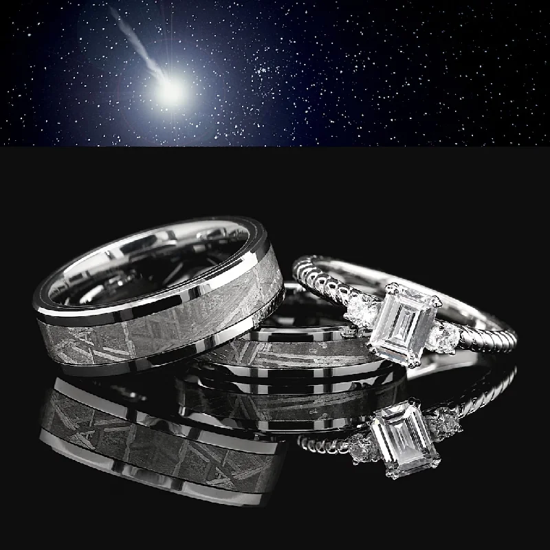 His Hers 3 pcs Real Meteorite, Sterling Silver & Tungsten Wedding Rings FREE ENGRAVING