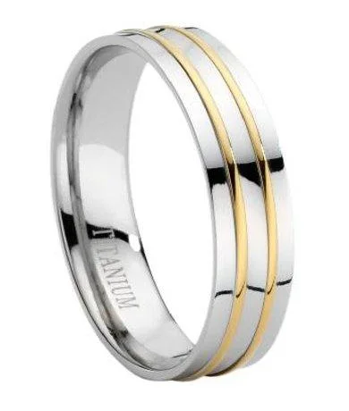 Titanium Wedding Band with Gold Plated Grooves - 6mm