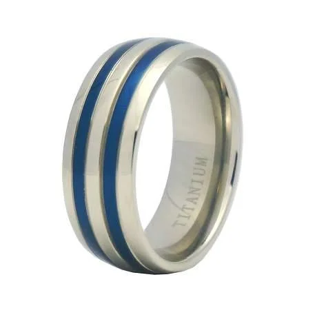 Men's Titanium Wedding Band with Two Blue Enamel Inserts-8mm