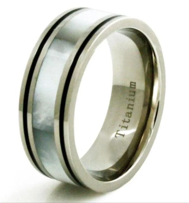 Titanium White Shell Inlay Black Borders Ring-9mm