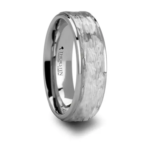 WINSTON White Tungsten Ring Raised Hammered and Polished Step Edges 6mm & 4mm