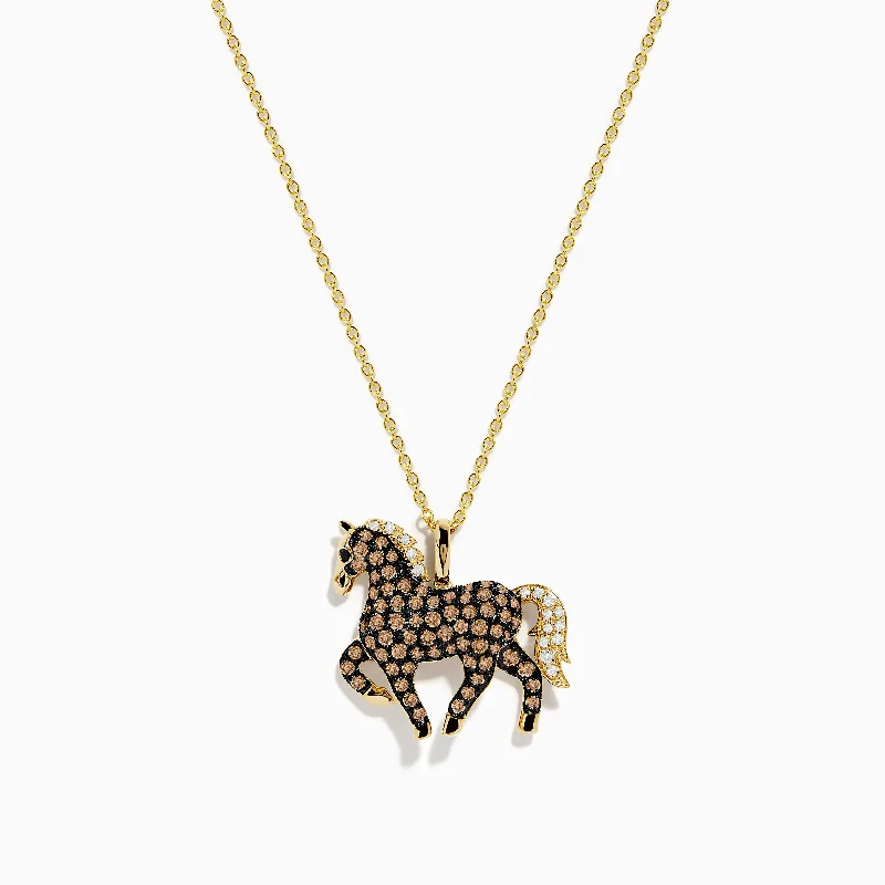 14K Yellow Gold Diamond,Black Diamond,Espresso Diamond Horse Pendant