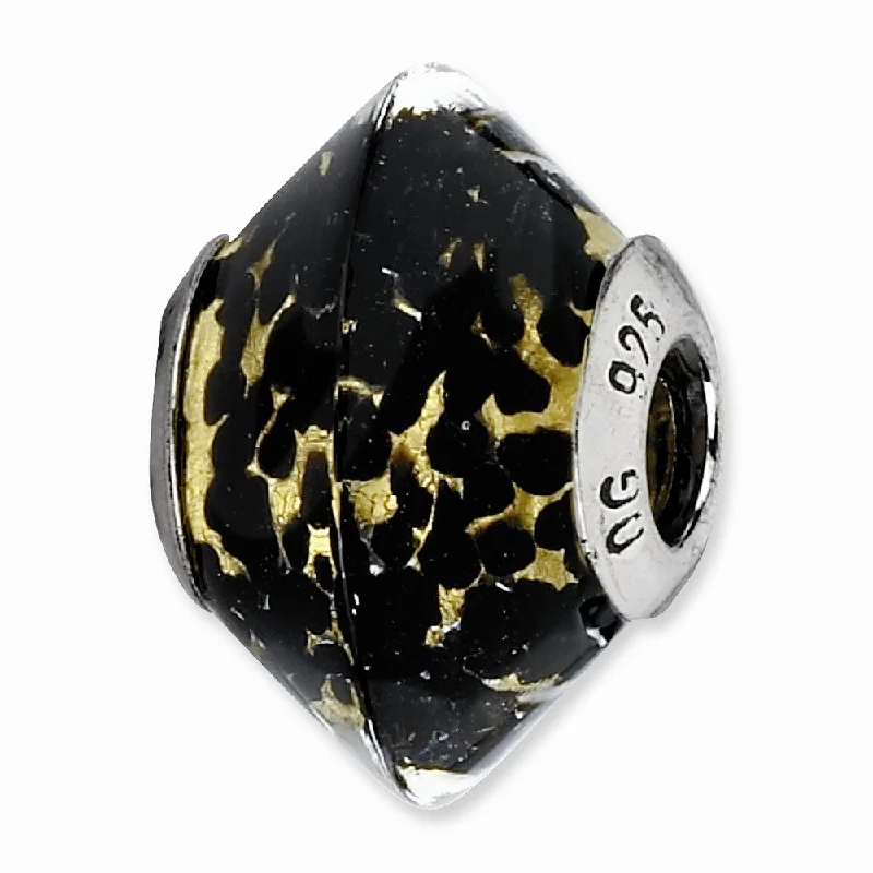 Black/Yellow Murano Glass & Sterling Silver Bead Charm, 17mm