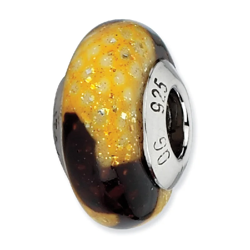 Brown and Yellow Glitter Glass & Sterling Silver Bead Charm, 13mm