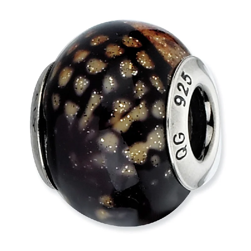 Brown, Black, Glitter Overlay Glass & Sterling Silver Bead Charm, 15mm