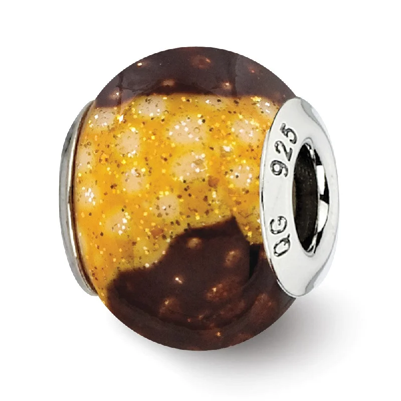 Brown, Yellow Glitter Overlay Glass & Sterling Silver Bead Charm, 15mm