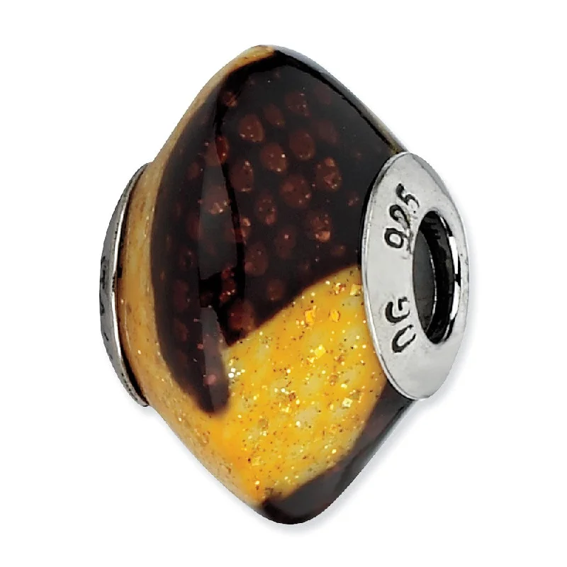 Brown/Yellow Glitter Overlay Glass & Sterling Silver Bead Charm, 17mm