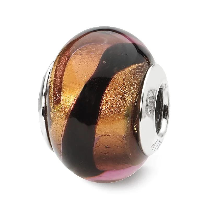 Copper/Black Italian Murano Glass & Sterling Silver Bead Charm, 14mm