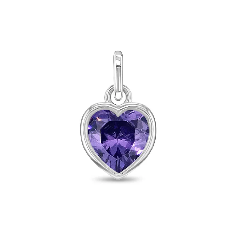 CZ Birthstone Heart Charm February – Amethyst Kids / Children's / Girls for Charm Bracelet - Sterling Silver