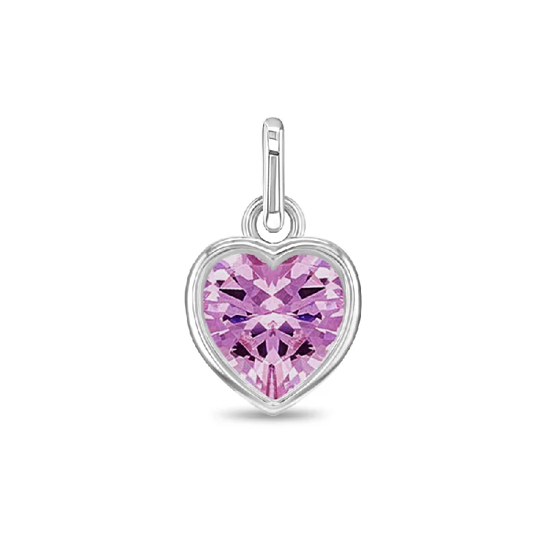 CZ Birthstone Heart Charm October – Pink Tourmaline Kids / Children's / Girls for Charm Bracelet - Sterling Silver