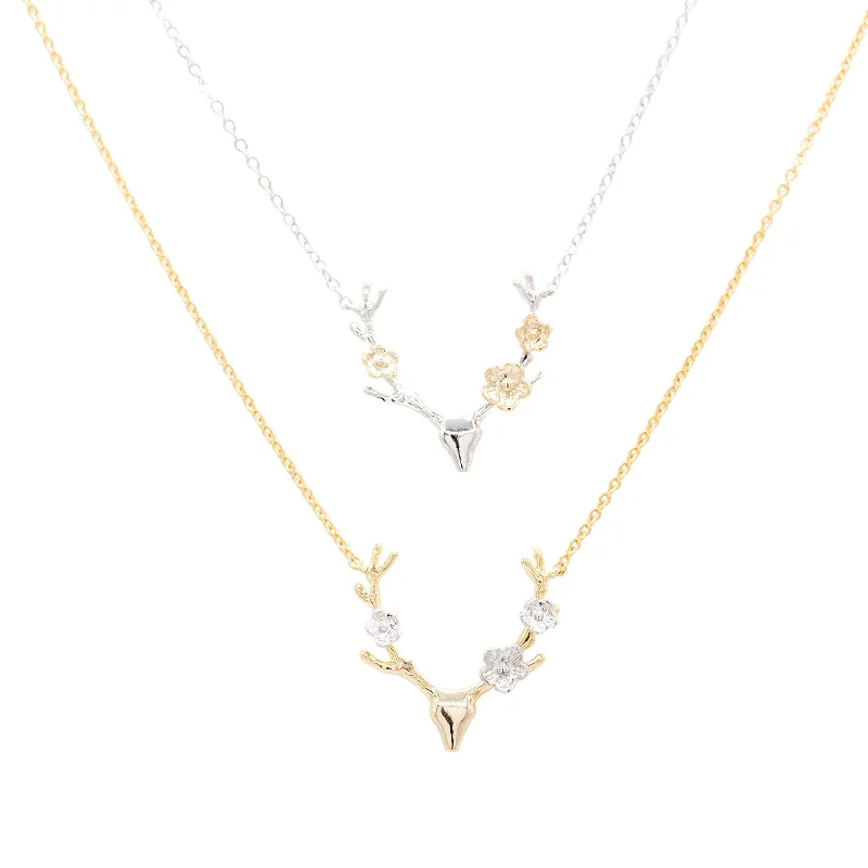 Deer Antler Flowers Charm Necklace Mixed Metal