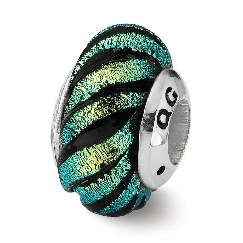 Dichroic Glass & Sterling Silver Green Swirl Bead Charm, 15mm