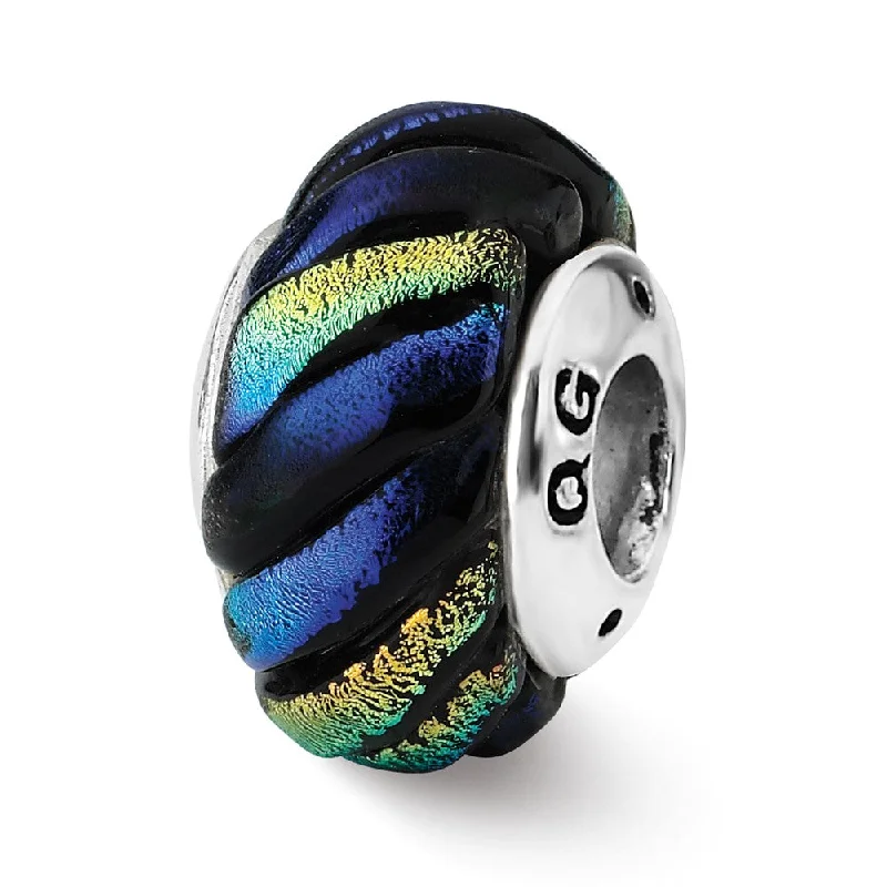 Dichroic Glass & Sterling Silver Rainbow Swirl Bead Charm, 15mm