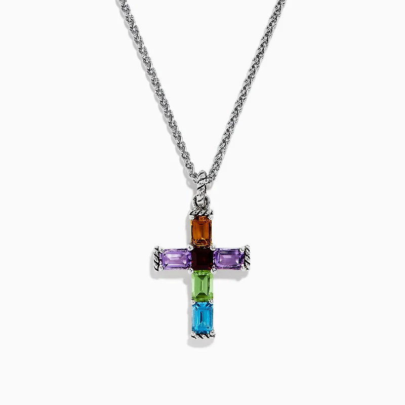 Mosaic 925 Sterling Silver Multi Stone Cross Pendant