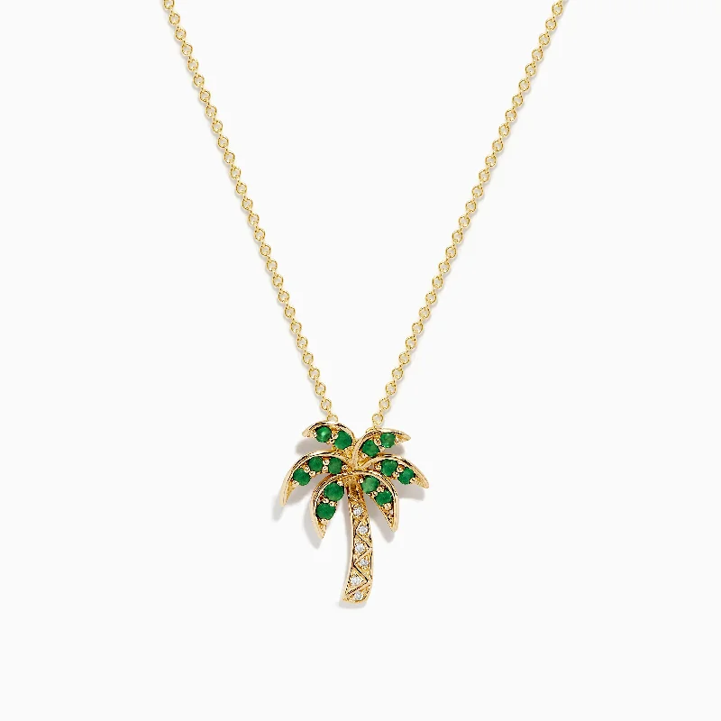 Novelty 14K Yellow Gold Emerald and Diamond Palm Tree Pendant