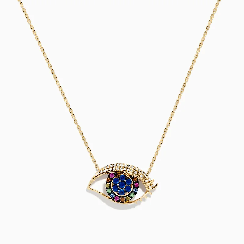 Novelty 14K Yellow Gold Multi Sapphire and Diamond Evil Eye Necklace