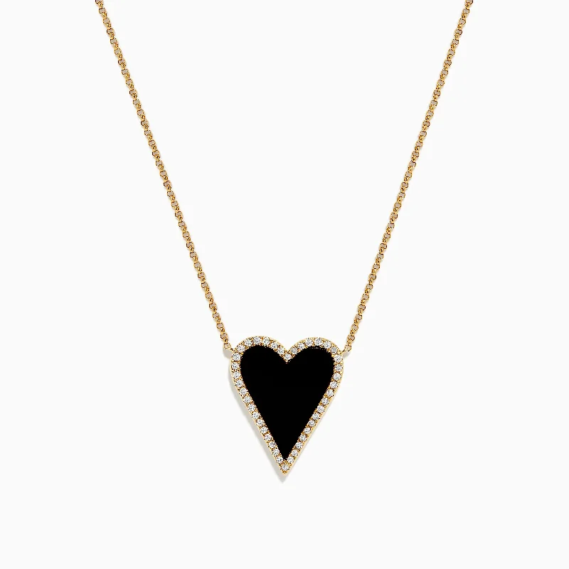 Novelty 14K Yellow Gold Onyx and Diamond Elongated Heart Pendant