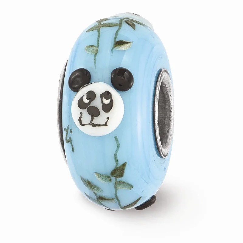 Fenton Blue Hand Painted Panda Face Glass & Sterling Silver Bead Charm