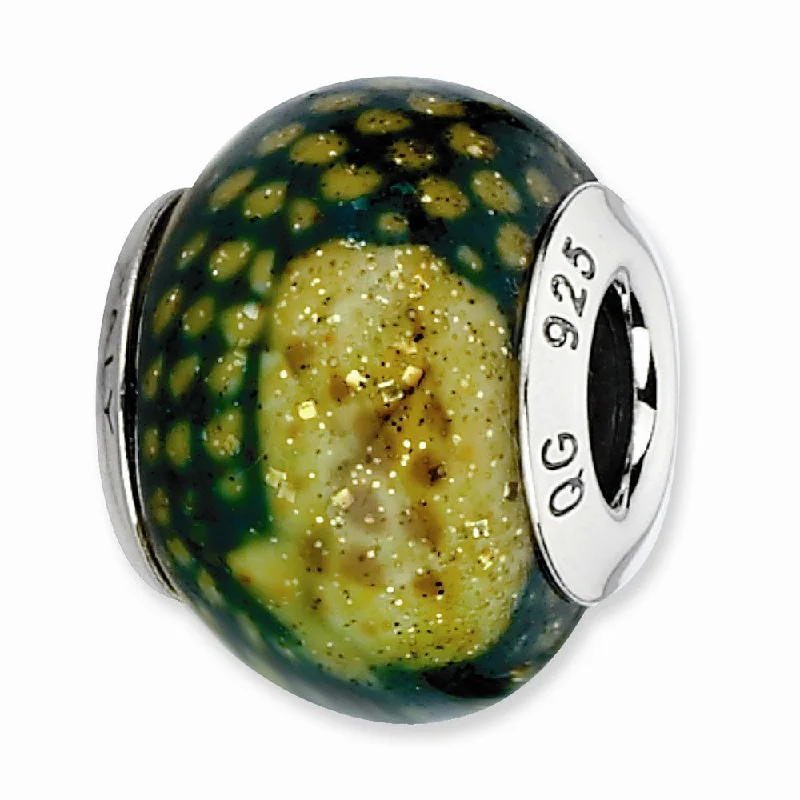 Green Python Glitter Overlay Glass & Sterling Silver Bead Charm, 15mm