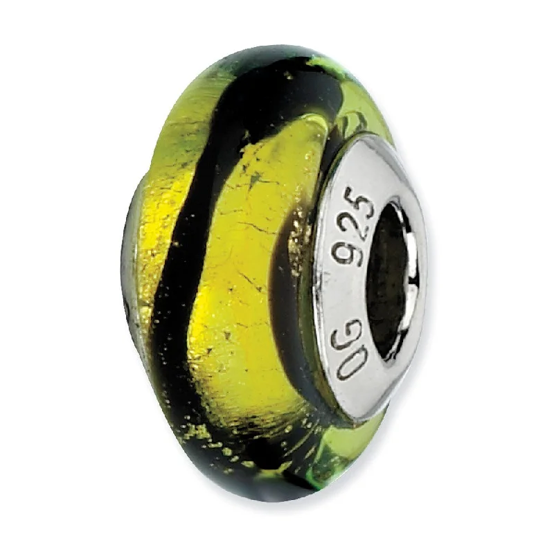 Lime/Black Stripes Murano & Sterling Silver Bead Charm, 13mm