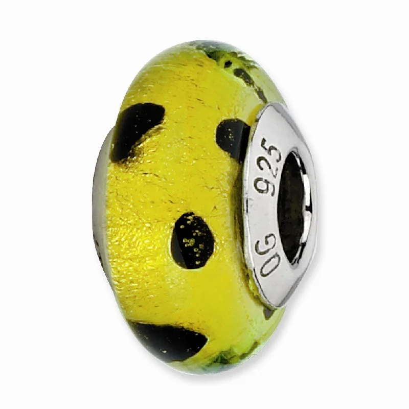 Lime Green, Black Dots Murano Glass & Sterling Silver Bead Charm, 13mm