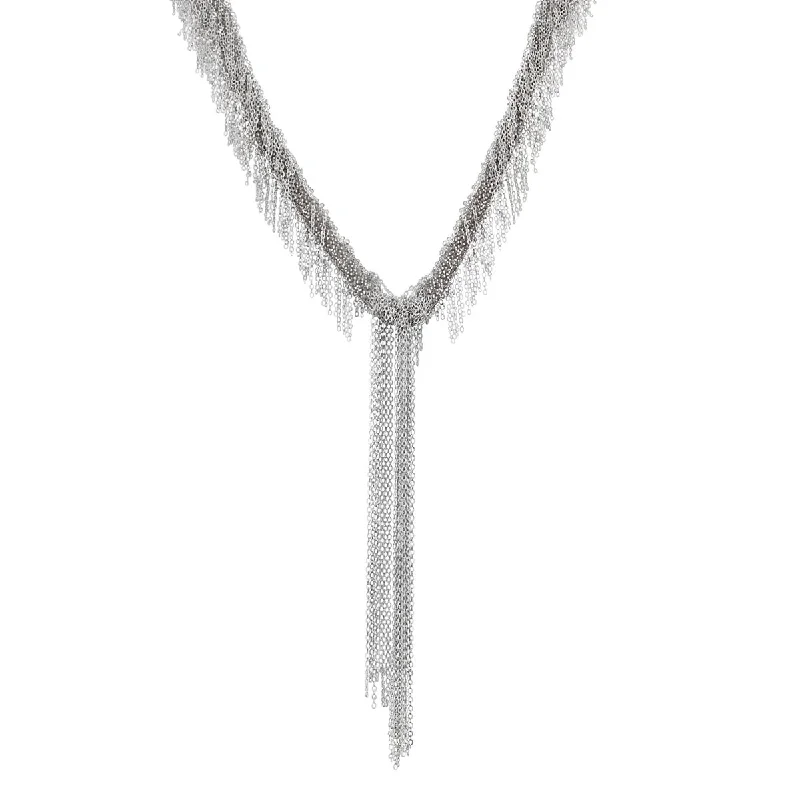 White Bronze & Grey Silk Woven "Fringe" Necklace with Chain Drop