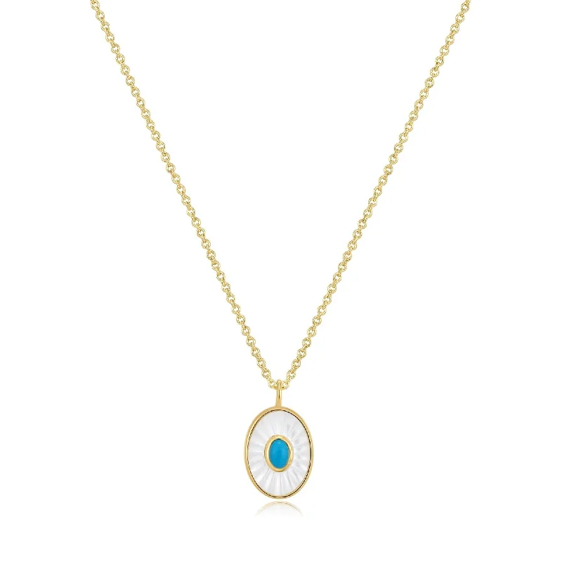 Oval Shaped Mop Pendant With Turquoise Stone Necklace