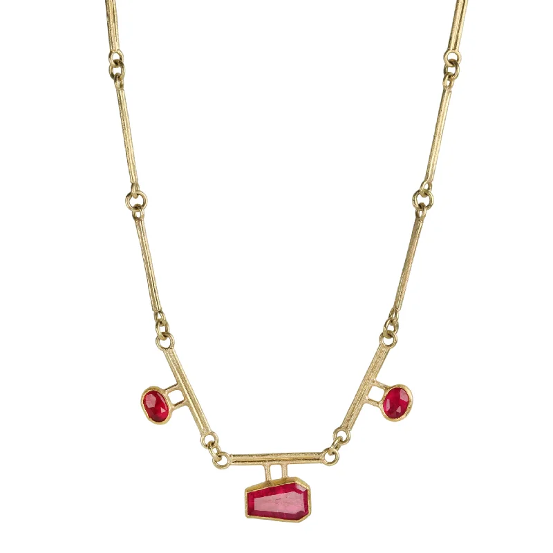 18 & 22K Gold Segmented Double Bar Necklace with Three Rubies