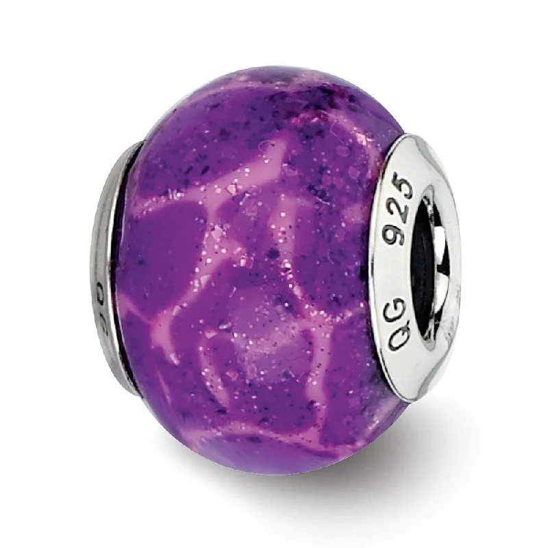 Purple, Pink, Glitter Overlay Glass & Sterling Silver Bead Charm, 15mm