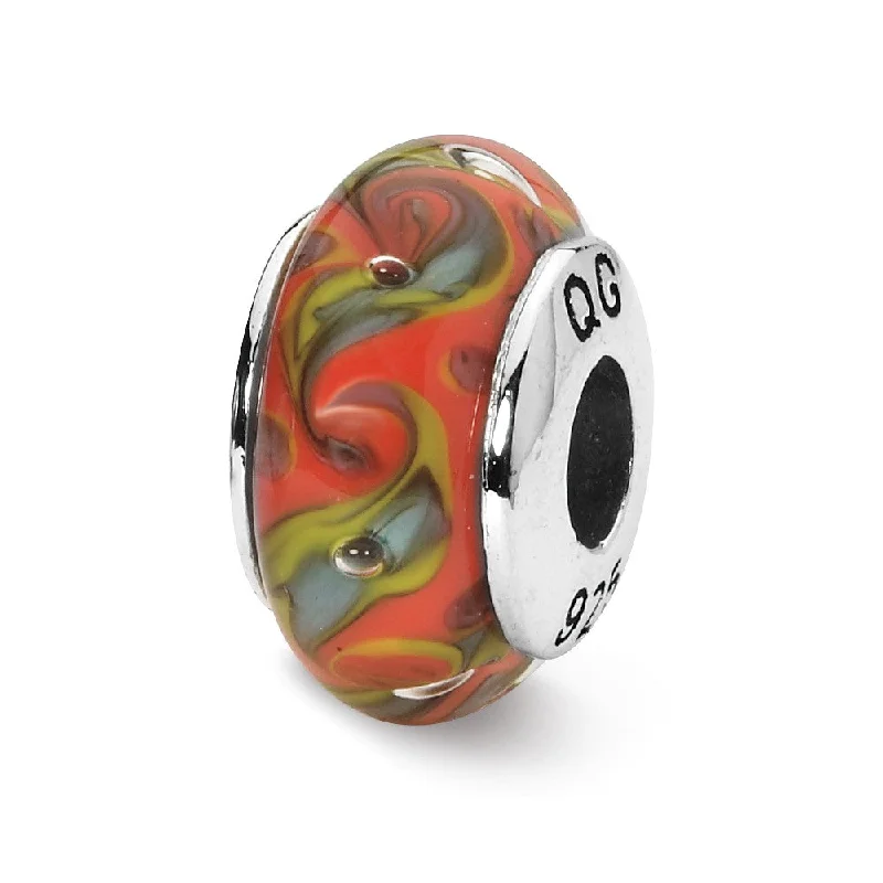 Red, Teal Swirl Hand-Blown Glass & Sterling Silver Bead Charm, 13mm