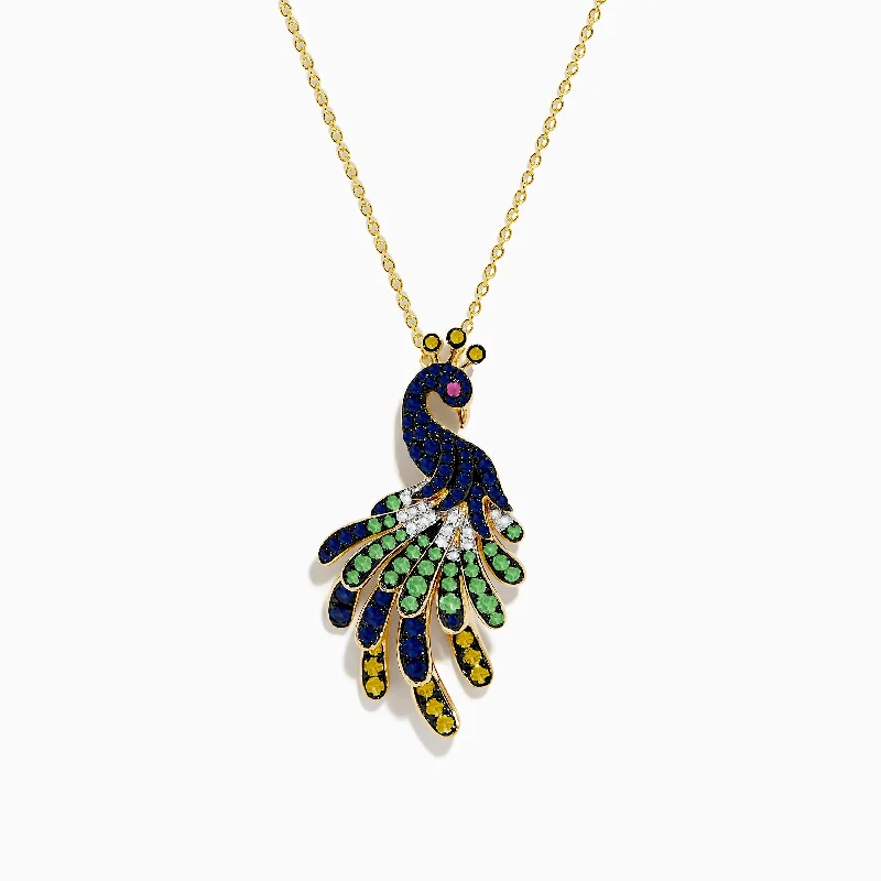 Safari 14K Yellow Gold Multi Color Sapphire and Diamond Peacock Pendant