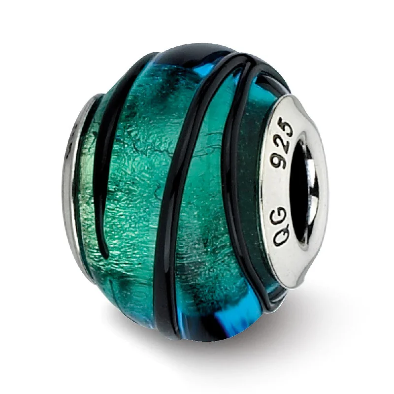 Teal with Black Stripes Murano & Sterling Silver Bead Charm, 15mm