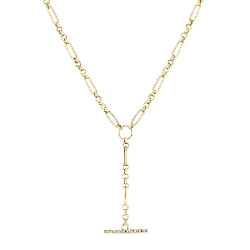 14K Mixed Paperclip and Rolo Chain Pave Diamond Toggle Lariat