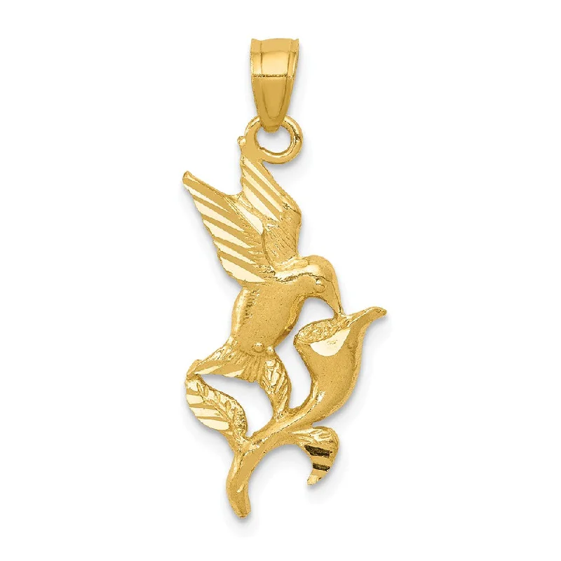 14k Yellow Gold 2D Hummingbird with Flower Pendant, 13mm (1/2 inch)