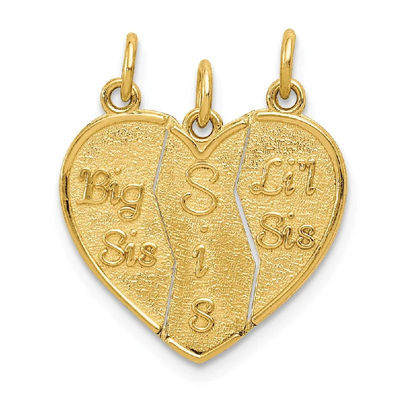 14k Yellow Gold Big Sis, Sis, Lil Sis Three Piece Charm Pendants, 18mm