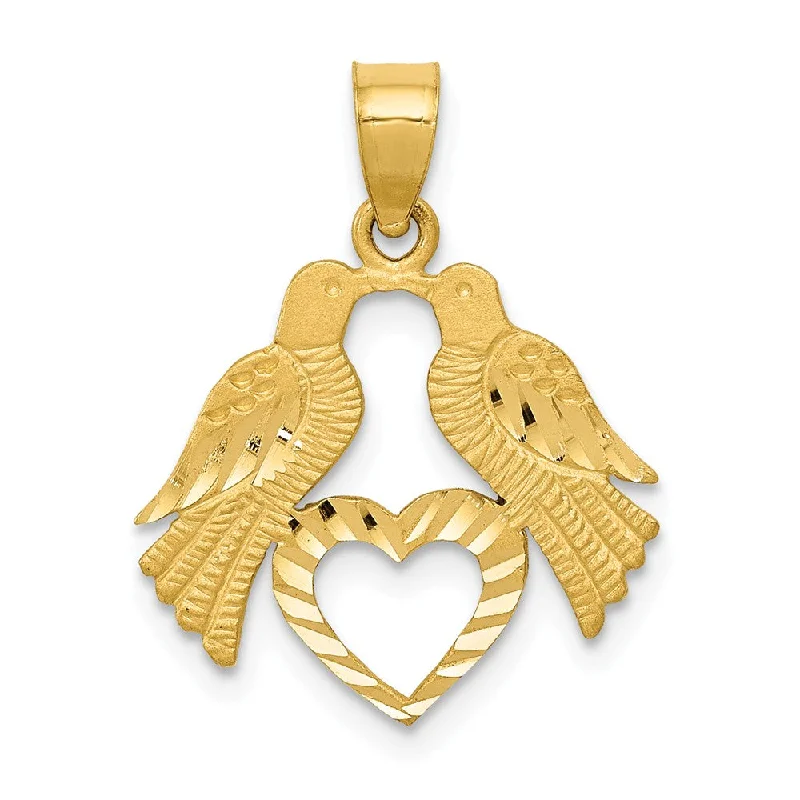 14k Yellow Gold Diamond Cut Love Birds & Heart Pendant, 17mm (5/8 in)