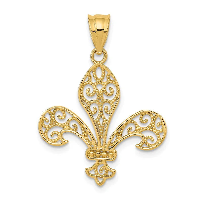 14k Yellow Gold Filigree Fleur De Lis Pendant, 21mm (13/16 inch)